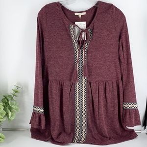 New Boutique Easel Burgundy Tie Tunic w Embroidery